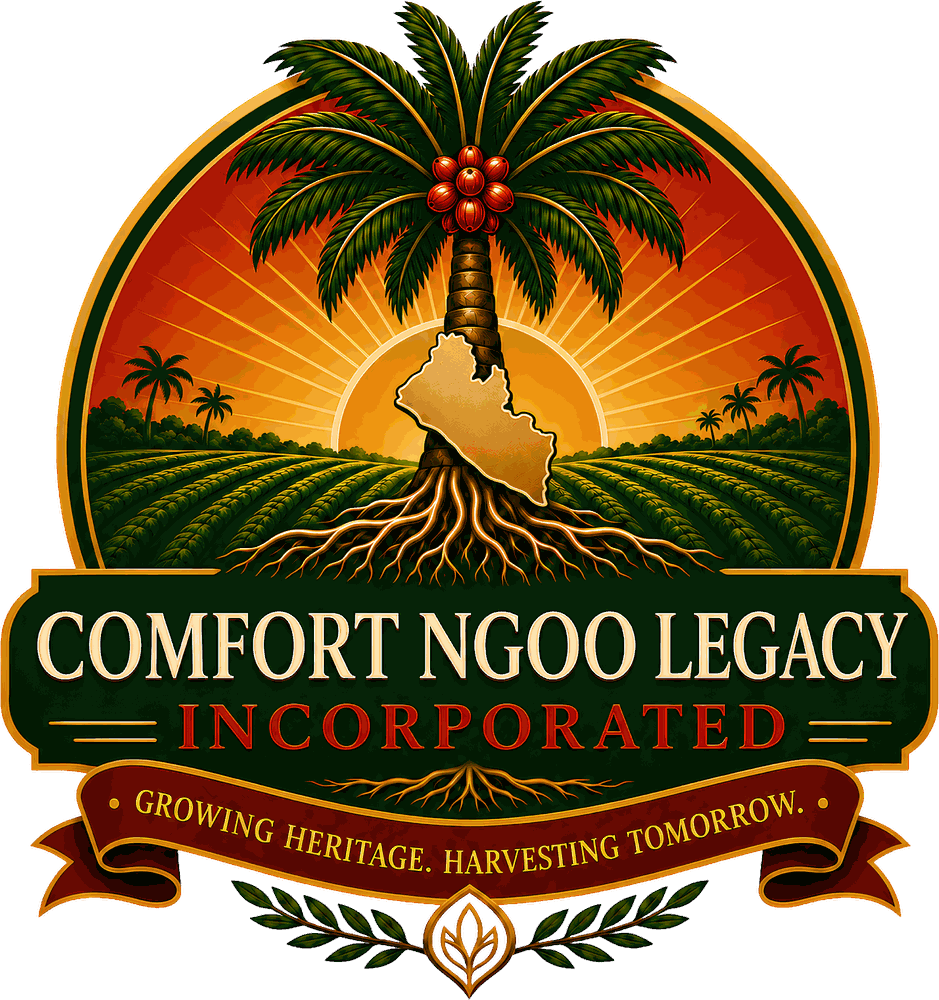 Crest of Comfort Ngoo Legacy Incorporated: a palm tree with wide spreading roots standing over cultivated fields, the rising sun behind it, and the map of Liberia at its trunk.